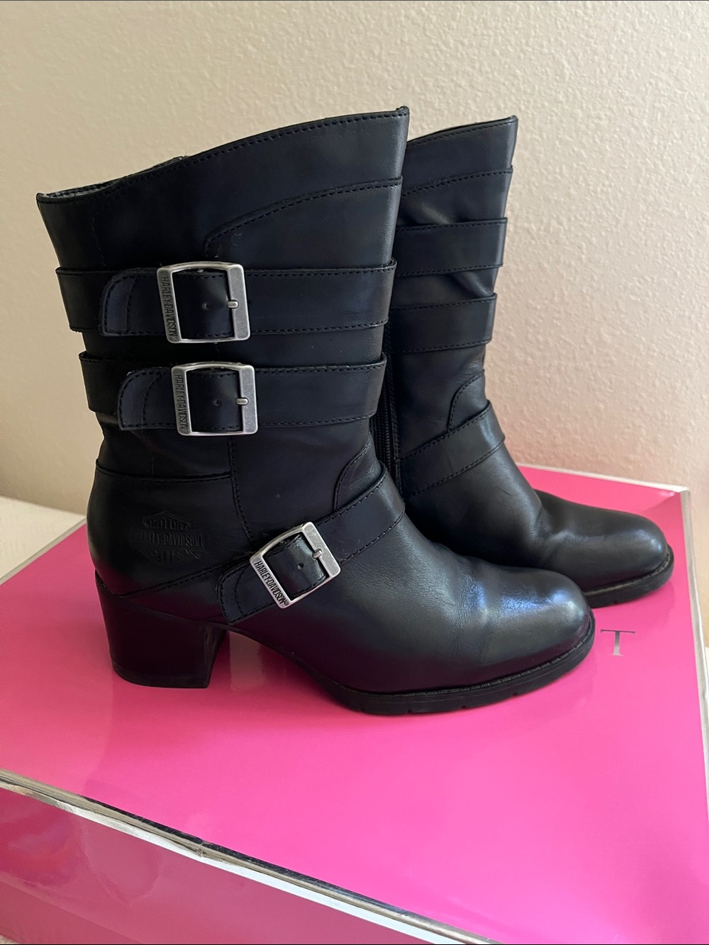 Harley Davidson Vintage Y2K Boots, Buckle Platform Moto Boots, EUC Size 8 / 39